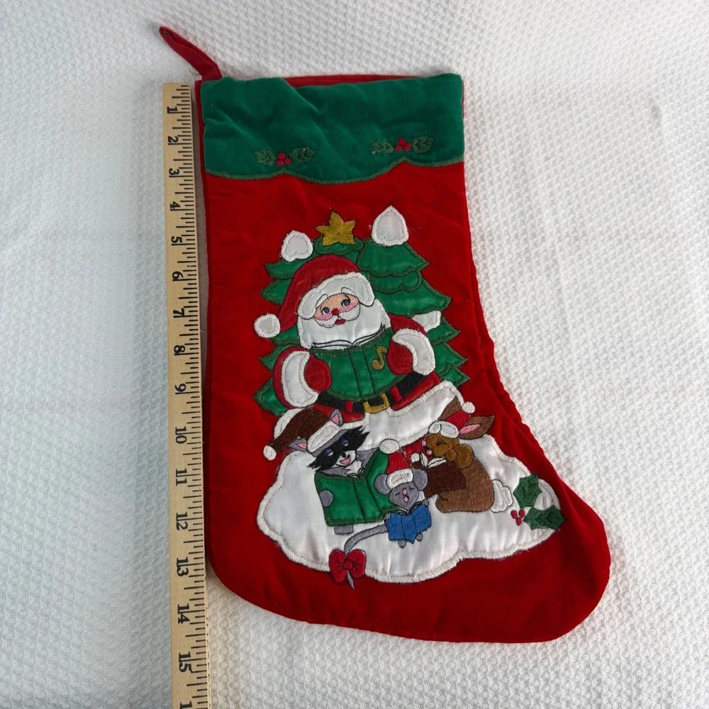 Vintage Style Red Velvet Embroidered Santa and Animals Christmas Stocking 15in